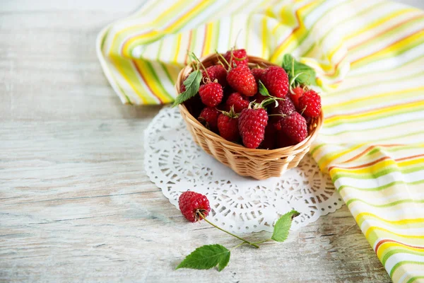 Raspberries Basket Wooden Table New Crop — Stock Photo, Image