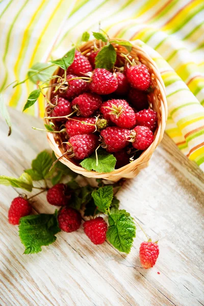 Raspberries Basket Wooden Table New Crop — Stock Photo, Image