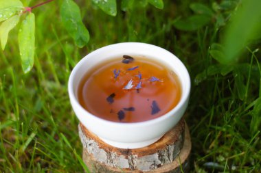 Bahçede çiçekli küçük bir fincan bitki çayı