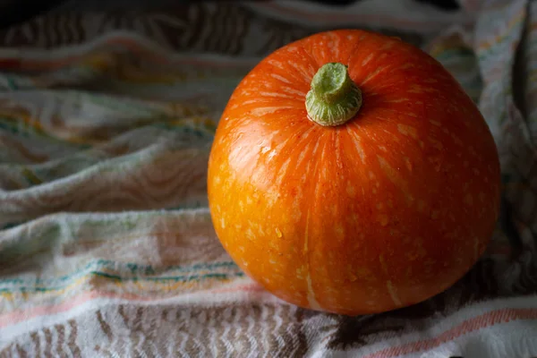 Malá Oranžová Dýně Ubrousku Podzim Díkůvzdání Nebo Halloween Kopírovat Prostor — Stock fotografie