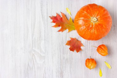 Balkabağı ve sonbahar meşesi ve akçaağaç yaprakları beyaz ahşap arka planda. Şükran Günü ya da Cadılar Bayramı konsepti. Kopyalama alanı olan düz.