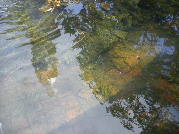 Reflexão do céu e árvores na água de uma fonte da cidade. Fundo de pedra — Fotografia de Stock