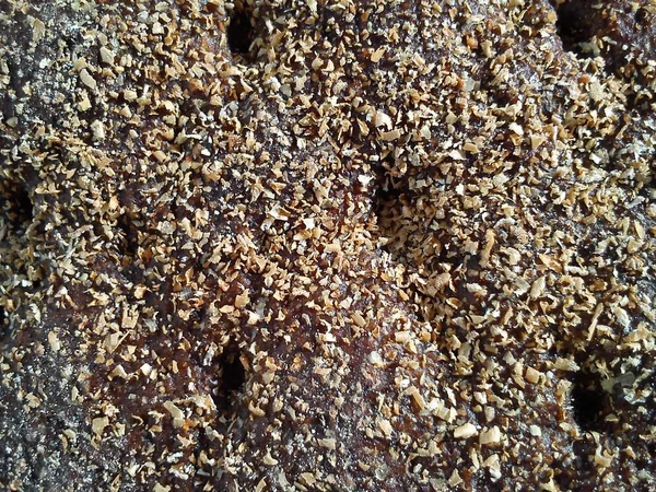 Primer plano del exterior de una fragante y deliciosa rebanada de pan de centeno finlandés en tonos cálidos marrón oscuro y beige — Foto de Stock