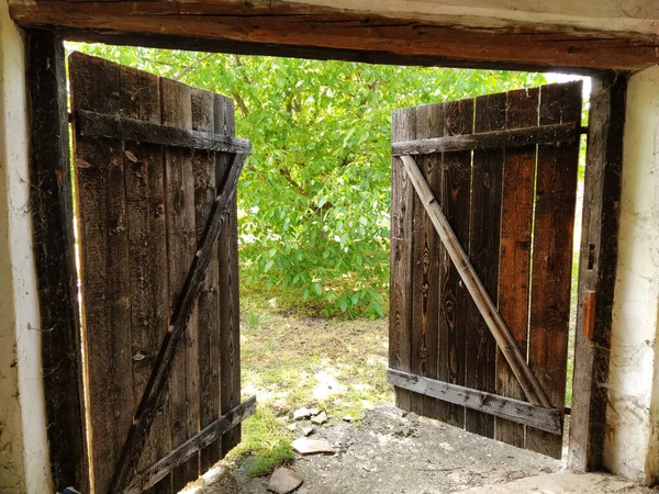 Beautiful old wooden open door. Inside view of the room. Crib doors, stall for livestock or garage. Wooden beams and doorway. Summer greens from the door. Doorway to the unknown