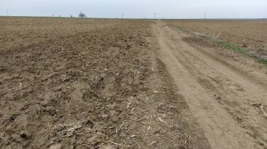 Pürüzlü tarla. Ekin ekmek için verimli topraklara sahip ekilebilir arazi. Sırbistan 'da, Balkanlar' da kırsal alan. İzler ve çukurlar. Sağ tarafta toprak bir yol var. Panoramik görünüm.