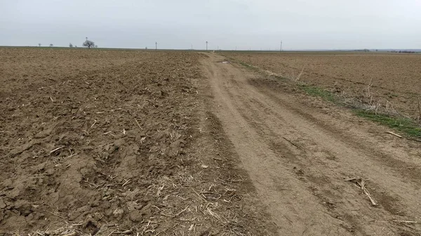 Plowed field. Arable land with fertile soil for planting crops. Rural landscape in Serbia, in the Balkans. Furrows and pits. On the right side is a dirt road. Panoramic view.