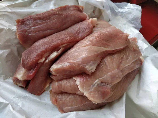 Trozos Carne Cerdo Crudo Venas Finas Textura Carne Carne Rosada — Foto de Stock