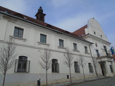 Szentendre, Budapeşte, Macaristan, 8 Mart 2020. Saint Endre 'nin eski sokakları, Szentendre. Taşralı bir Macar turist kasabasında bahar mevsimi. Barok mimarisi, kiliseler ve kaldırımlar.