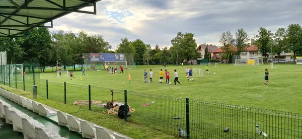 Sremska Mitrovica Service 2020年5月22日閲覧 サッカー場だ ワイヤーメッシュフェンスの後ろに緑の草 子供たちはサッカーをしている 自由席 — ストック写真