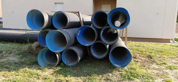 Sremska Mitrovica Serbia August 2020 Metal Corrugated Pipes Blue Plumbing — Stock Photo, Image