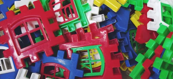 Colored Plastic Parts Children Designer Mosaic Children Game Development Imagination — Stock Photo, Image