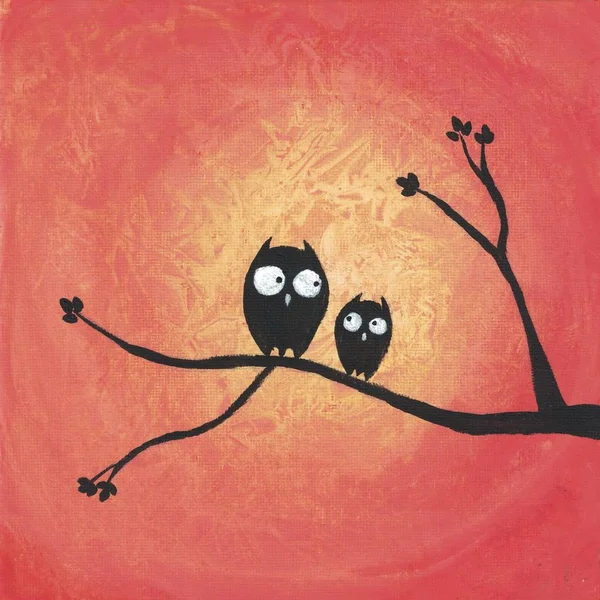 Owls on a red background painted with acrylics on canvas