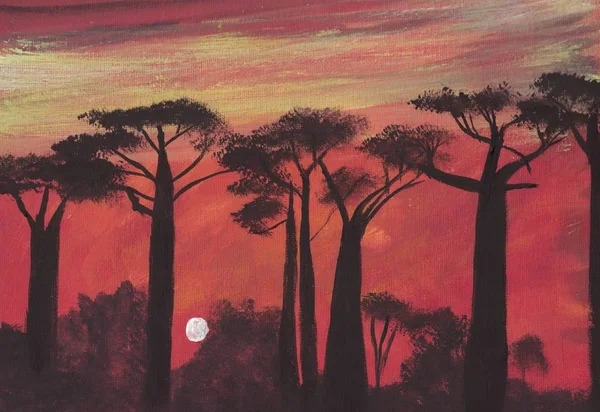 Baobabs Sunset Målade Med Akryl Duk — Stockfoto