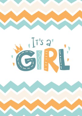 Sevimli karikatür çocuk kitabesi - bir kız. Tasarımınız için zikzak desenine karşı komik harfler