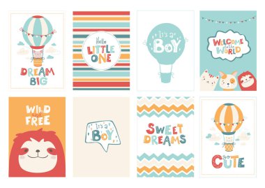 Basit bir İskandinav tarzı ve pastel palet bebek için sevimli tebrik kartları Vektör seti. Çocuk odaları için idealdir
