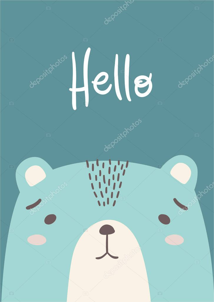 Vector minimalistic baby card with bear and lettering - hello. Illustration of the children's room