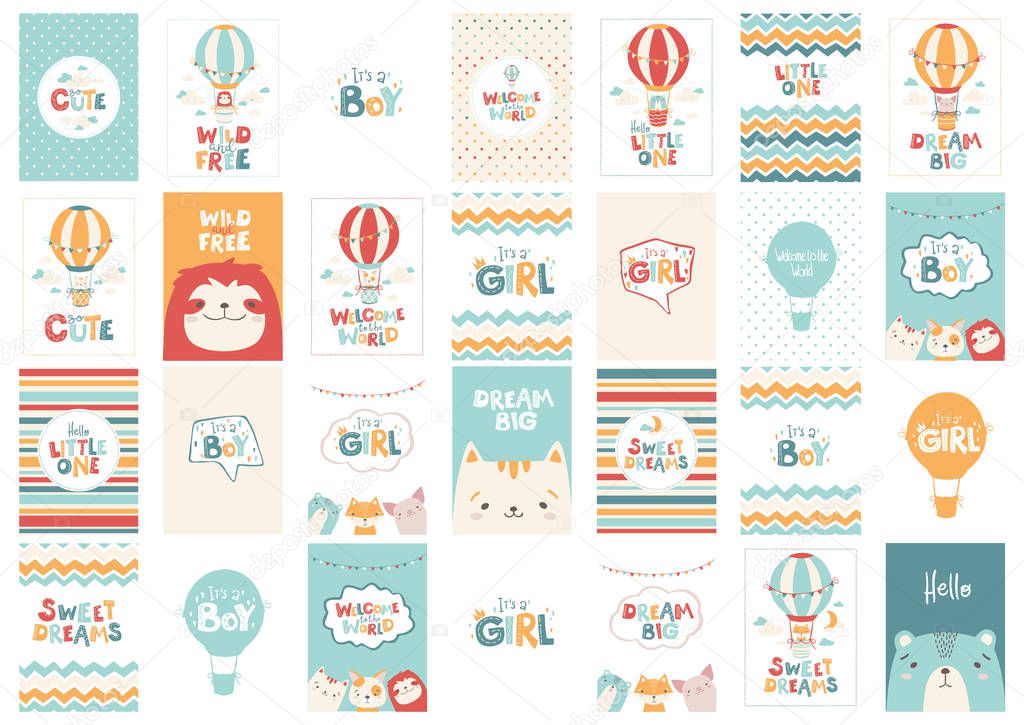 Big vector set of cute greeting cards for babies in a simple Scandinavian style and pastel palette. Ideal for children's rooms