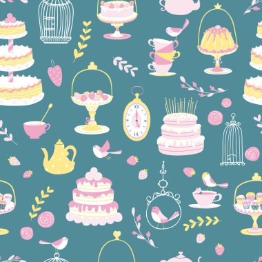 Doğum günü partisi çocukları. Çay sorunsuz desen. Farklı pastalar ve hediyeler. Basit karikatür elle çizilmiş İskandinav tarzı vektör illüstrasyon. Vintage pastel renkler.kumaş, kağıt baskı için