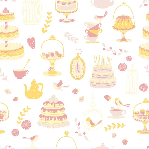 Fête d'anniversaire les enfants. Après-midi thé motif sans couture. Différents gâteaux et cadeaux. Illustration vectorielle en dessin animé simple de style scandinave dessiné à la main. Vintage aux couleurs rose pastel et jaune — Image vectorielle