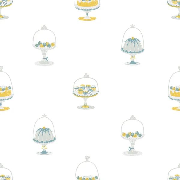 Pasteles y pasteles de frutas debajo de la cúpula de vidrio. Patrón sin costura vectorial en minimalismo simple. Dibujos animados ilustración de dulces en estilo escandinavo — Vector de stock