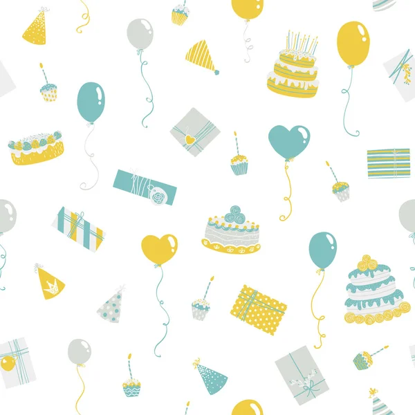 誕生日シームレスパターン。休日のケーキ、ギフト、ボール、カップケーキとベクターの背景。印刷に最適な限定イエローブルーのパステルパレット — ストックベクタ