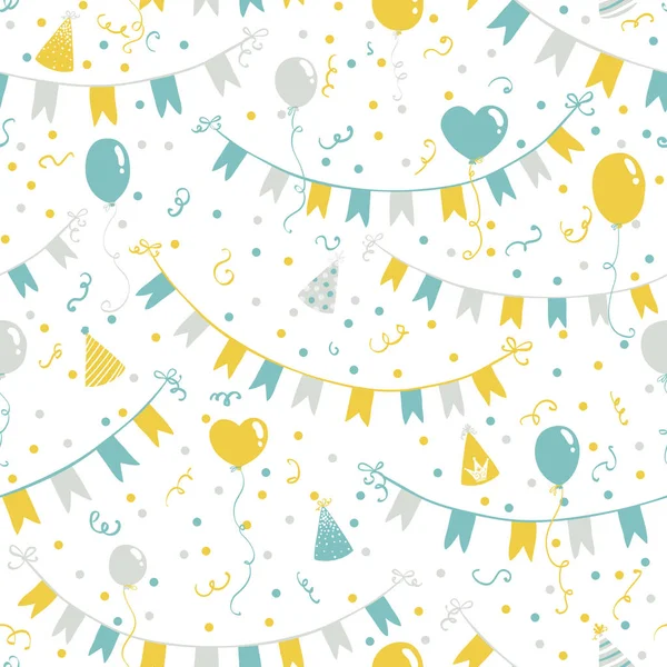 Birthday background. Garland with flags, balloons, serpentine and confetti. Vector seamless pattern in hand-drawn scandinavian style. Illustration in limited pastel color palette ideal for printing — Stock Vector