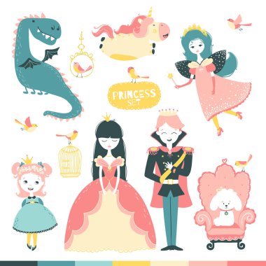 Peri masalı kahramanları ayarlandı. Bir prenses, bir prens, bir peri, bir ejderha, bir tek boynuzlu at, vb ile büyülü bir hikaye Basit bir İskandinav tarzı el çizilmiş sevimli çocuk karakterleri Vektör illüstrasyon