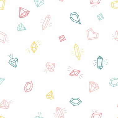 Çizgi film tarzında kristaller. Beyaz arka planda vektör dikişsiz desen. Renkli renklerde el çizilmiş çizim elmas ve değerli taşlar.