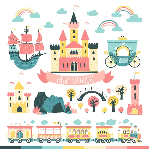 Princesses Fairytale Kingdom Set. Castles, ford, tower, train, carriage, ship, bridge, etc. Vector illustration in simple scandinavian style — Stock Vector