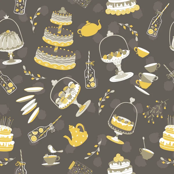 Fête d'anniversaire du thé les enfants. Différents gâteaux et cadeaux. Motif sans couture pois sur un fond sombre. Illustration vectorielle en dessin animé simple de style scandinave dessiné à la main. Couleurs pastel vintage — Image vectorielle