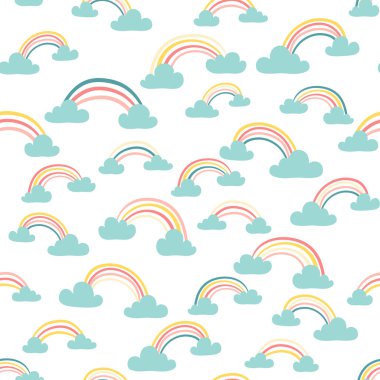Bulutlarda gökkuşağı. Pastel renklerde vektör dikişsiz desen. Elle çizilmiş İskandinav tarzı basit illüstrasyon