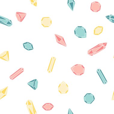 Çizgi film tarzında kristaller. Beyaz arka planda vektör dikişsiz desen. Renkli renklerde el çizilmiş çizim elmas ve değerli taşlar