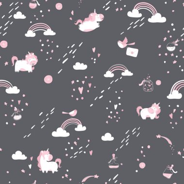 Bulutlarda tek boynuzlu atlar kusursuz desen. Karikatür İskandinav tarzı vektör sihirli arka plan. koyu bir arka plan üzerinde gri-pembe renklerde illüstrasyon