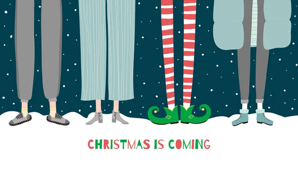Pernas de elfo. O Natal está a chegar. Bonito Vector ilustração de pessoas modernas e um herói de conto de fadas no inverno em estilo de desenho animado — Vetor de Stock