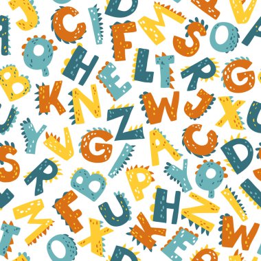 Dino alfabesi. Abc Vektörü basit çizgi film tarzında kusursuz desen. Çocuksu tekstil ve eğitim materyalleri üzerine baskı yapmak için renkli illüstrasyon ideali.