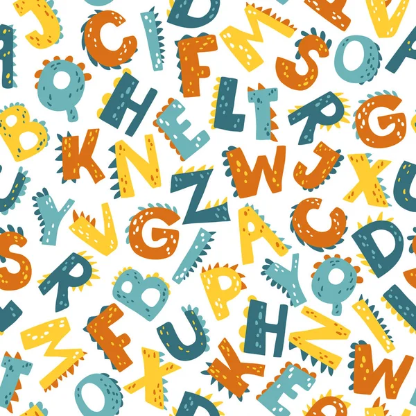 Dino alfabesi. Abc Vektörü basit çizgi film tarzında kusursuz desen. Çocuksu tekstil ve eğitim materyalleri üzerine baskı yapmak için renkli illüstrasyon ideali.