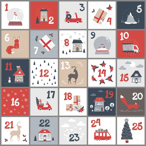 Calendário do Advento. Cartaz de Natal em um estilo escandinavo simples . — Vetor de Stock