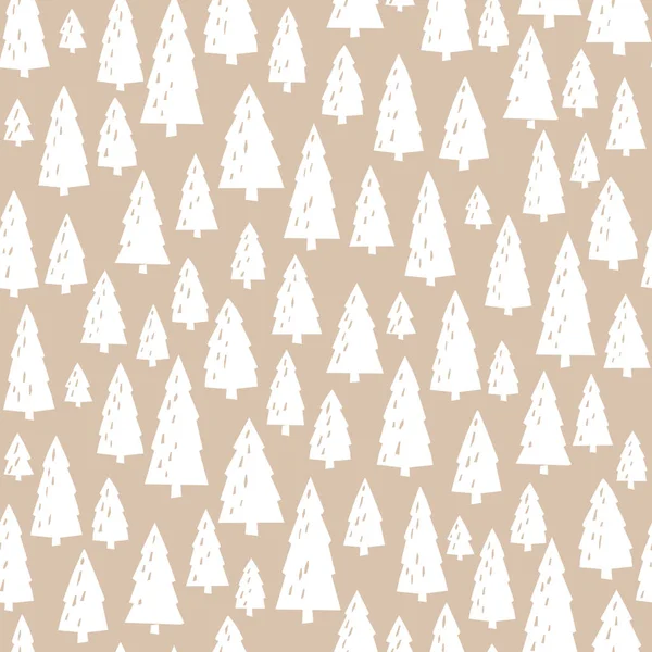 Patrón de Navidad artesanal con bosque de coníferas de invierno. Ilustración minimalista de abetos nevados en un estilo escandinavo simple. Ideal para imprimir en papel de regalo, textiles para bebés, etc. — Vector de stock