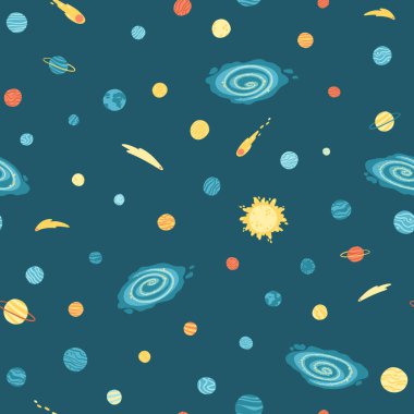Gezegenleri, yıldızları ve kuyrukluyıldızları olan Galaksi kozmik kusursuz desen. Basit İskandinav tarzında el çizimi çocuksu vektör çizimi. Koyu bir arkaplanda renkli izole edilmiş
