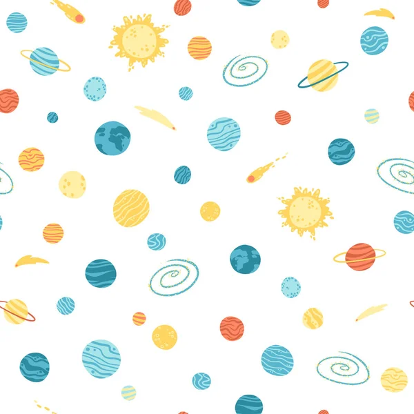 Melkweg kosmisch naadloos patroon met planeten, sterren en kometen. Kinderachtige vector hand getekend cartoon illustratie in eenvoudige Scandinavische stijl. Kleurrijk geïsoleerd op een witte achtergrond — Stockvector