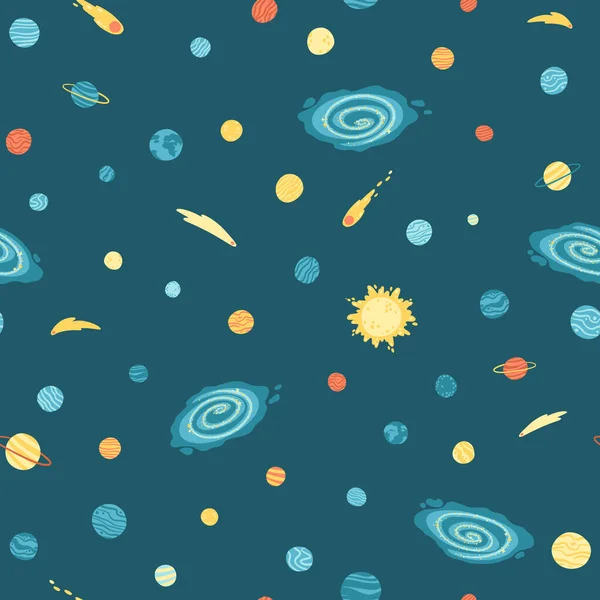 Космический бесшовный образец галактики с планетами, звездами и кометами. Детская векторная рисованная вручную карикатура в простом скандинавском стиле. Красочный изолированы на темном фоне — стоковый вектор