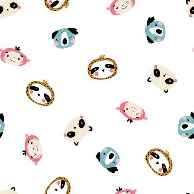 Tatlı hayvan yüzlü, kusursuz tropik karakterler. Çocuk odası için İskandinav tarzında çocukça bir baskı. Bebek kıyafetleri, iç mekan, ambalaj için. Pastel renklerde vektör karikatür çizimi