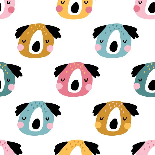 Χαριτωμένο κοάλα. Απρόσκοπτη μοτίβο με χαριτωμένα πρόσωπα ζώων. Παιδικό σχέδιο για παιδικό δωμάτιο σε σκανδιναβικό στυλ. Για βρεφικά ρούχα, εσωτερικό, συσκευασία. Διάνυσμα εικονογράφηση κινουμένων σχεδίων σε παστέλ χρώματα — Διανυσματικό Αρχείο