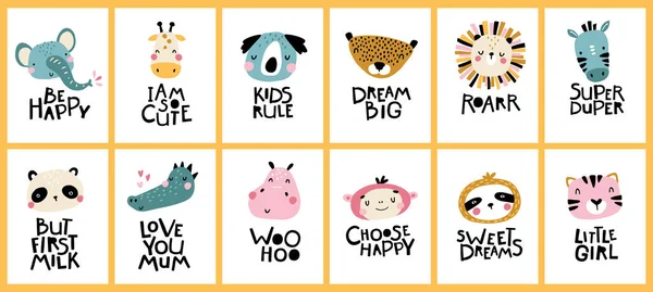 Büyük tropik koleksiyon. Harfleri olan sevimli bir hayvan yüzü. Çocuk odası için İskandinav tarzında çocukça bir baskı. Bebek posterleri, kartlar, kıyafetler için ideal. Pastel renklerde vektör karikatür çizimi