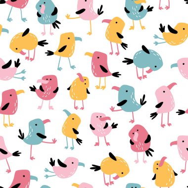 Tropik komik kuşlar kusursuz desen. Basit düz el çizimi çizgi film tarzında renkli papağanlar. Bebek tekstil, giysi, duvar kağıdı, ambalaj vs. için mükemmel