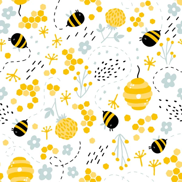 Забавні Бджоли Вулик Травах Квітах Безшовний Візерунок Векторні Наївні Персонажі — стоковий вектор