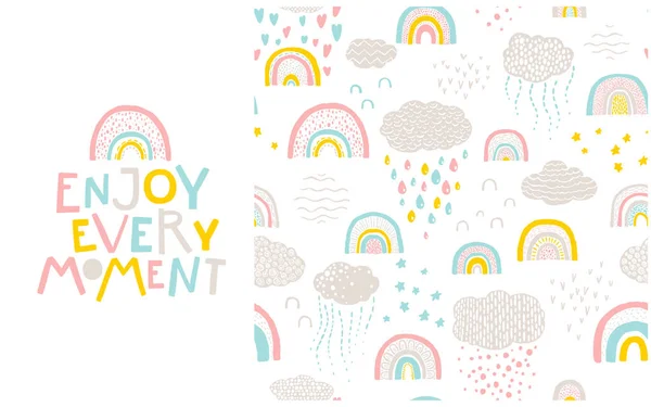 Gökkuşağı deseni ve harf cümlesi. Her anın tadını çıkar. İskandinav tarzında, pastel palette elle çizilmiş bir karikatür çizimi. Bebek kıyafetleri, tekstil ve ambalaj için ideal..