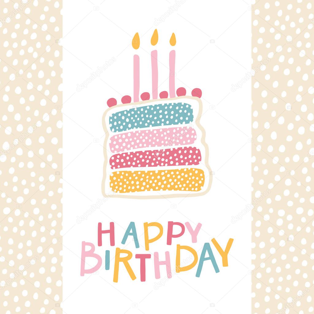 Rainbow birthday cake. Vector greeting card in simple hand-drawn Scandinavian style. Colorful childish illustration of polka dot baking with a funny inscription.