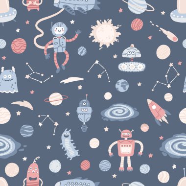 Kusursuz bir desen. Galaksi, gezegenler, robotlar ve uzaylılar. Elle çizilmiş basit İskandinav tarzında çocuksu bir karikatür koleksiyonu. Pastel beyaz arkaplanda izole edildi