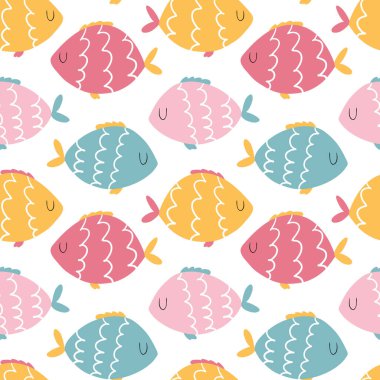 Komik balıklar pürüzsüz desenli. Elle çizilmiş İskandinav tarzı renkli vektör karakterler. Bebek tekstil, giysi, duvar kağıdı, ambalaj vs. için ideal